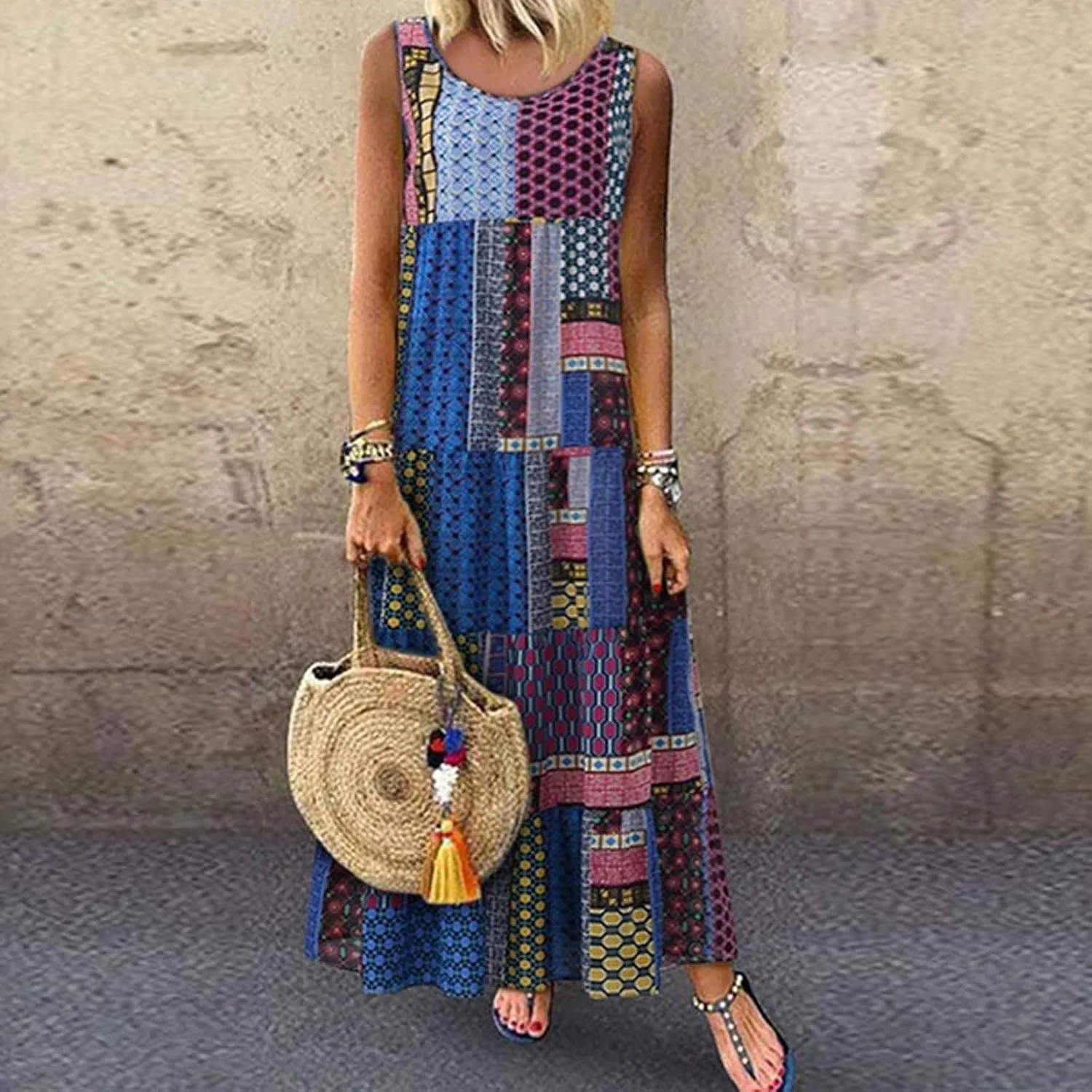 Women's Midi Long Dress Plus Size Summer Sleeveless O Neck Casual Loose Tunic Dresses Vintage Graphic Print Sundress