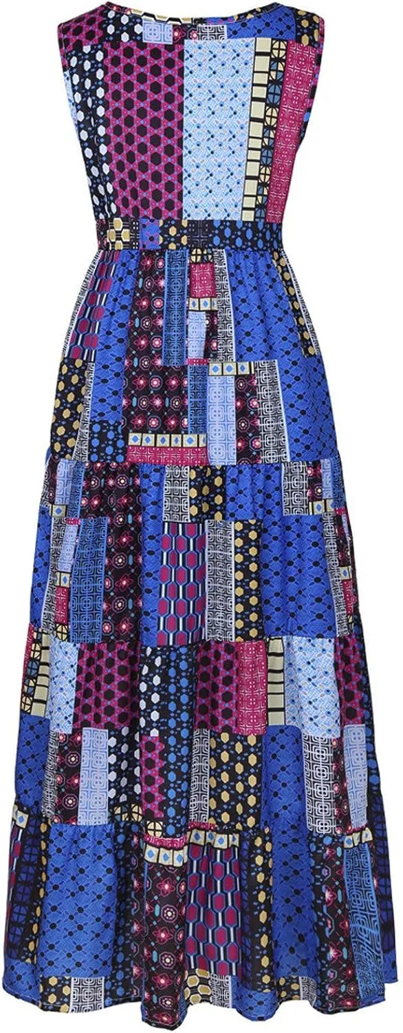 Women's Midi Long Dress Plus Size Summer Sleeveless O Neck Casual Loose Tunic Dresses Vintage Graphic Print Sundress