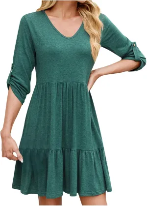 Women's Mini Dress V Neck Roll 3/4 Sleeve A Line Dresses Loose Fit Ruffle Flowy Boho Short Beach Sundresses