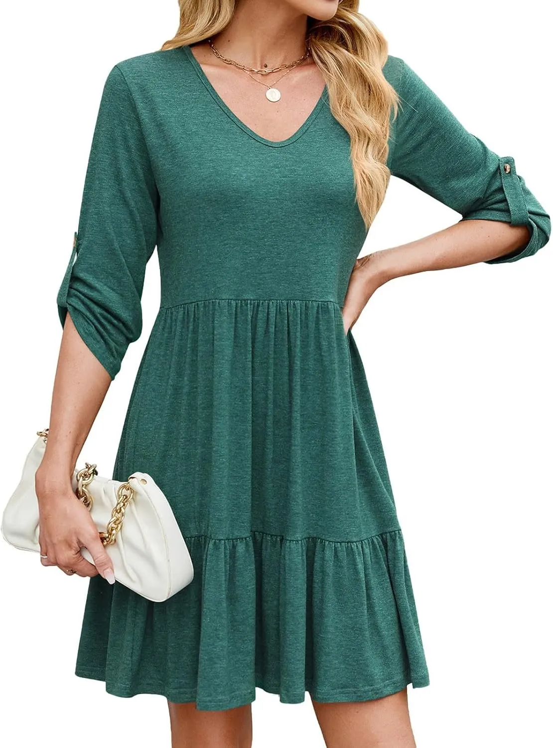 Women's Mini Dress V Neck Roll 3/4 Sleeve A Line Dresses Loose Fit Ruffle Flowy Boho Short Beach Sundresses