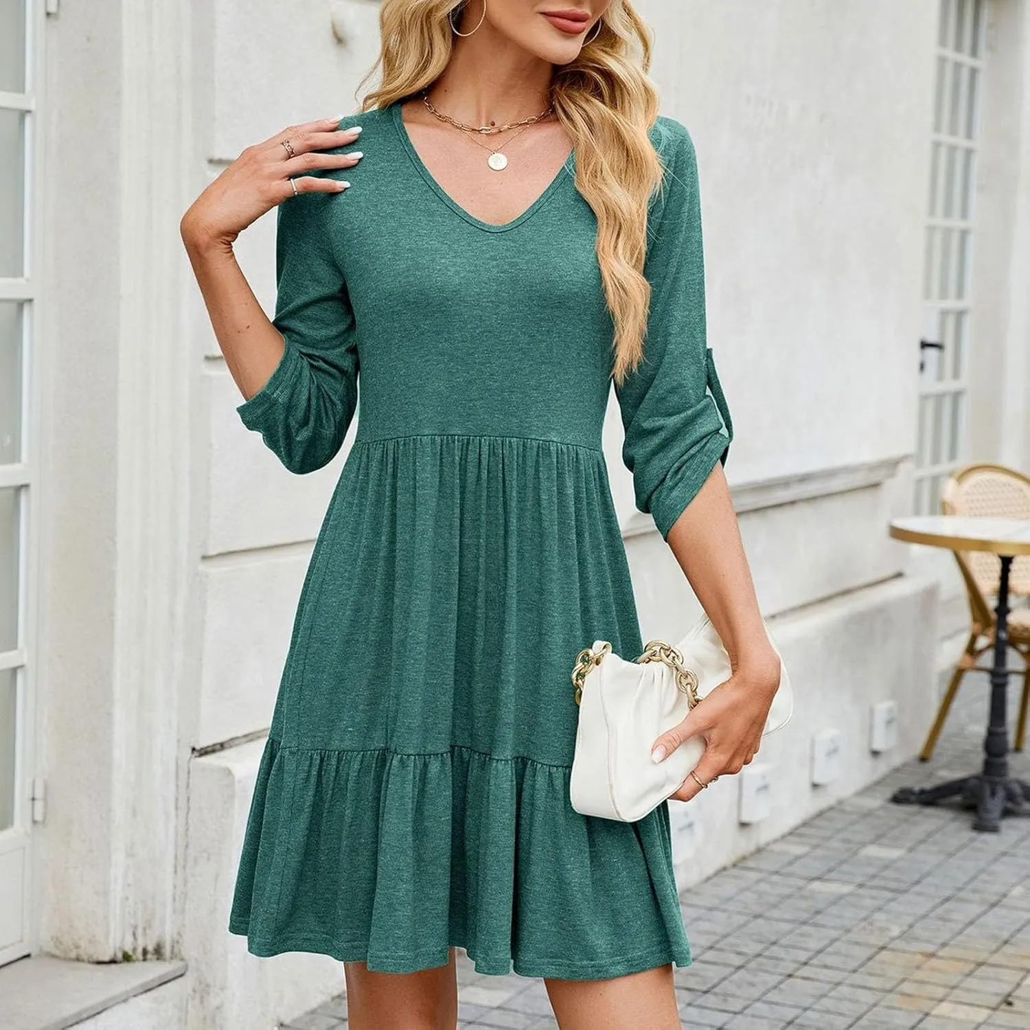 Women's Mini Dress V Neck Roll 3/4 Sleeve A Line Dresses Loose Fit Ruffle Flowy Boho Short Beach Sundresses
