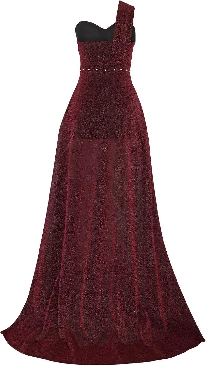 Womens One Shoulder Sequin Prom Formal Dress Glittery Sleeveless Split Side Thigh Floor Length Evening Wedding Gown