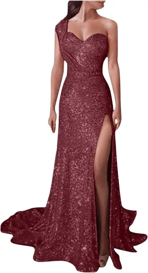 Womens One Shoulder Sequin Prom Formal Dress Glittery Sleeveless Split Side Thigh Floor Length Evening Wedding Gown
