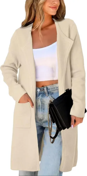 Women's Open Front Cardigan Sweater Long Sleeve Casual Knit Lapel Coatigan Coat