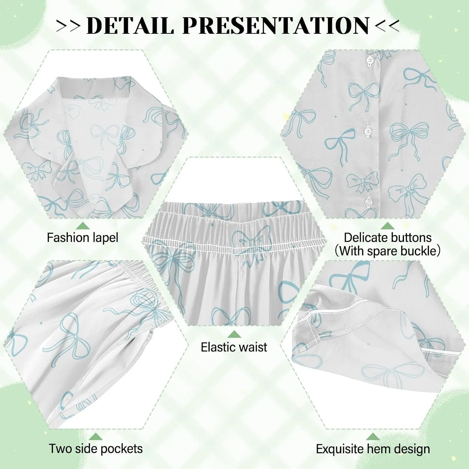 Womens Pajama Set Blue Bows Dots Short Sleeve Sleepwear Soft Satin Pjs Lounge Sets with Pockets S-XXL
