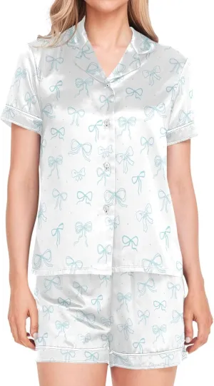 Womens Pajama Set Blue Bows Dots Short Sleeve Sleepwear Soft Satin Pjs Lounge Sets with Pockets S-XXL