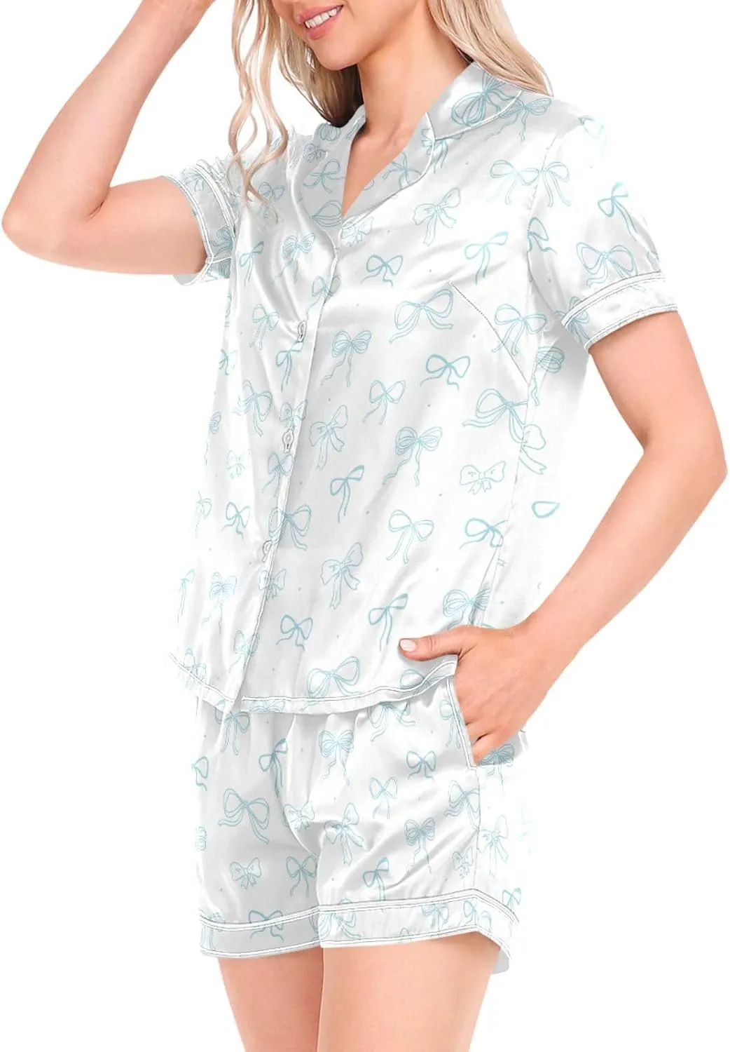 Womens Pajama Set Blue Bows Dots Short Sleeve Sleepwear Soft Satin Pjs Lounge Sets with Pockets S-XXL