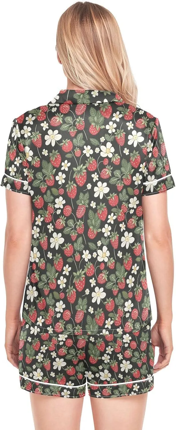 Womens Pajama Set Strawberry Florals Fruits Short Sleeve Sleepwear Soft Satin Pjs Lounge Sets with Pockets S-XXL