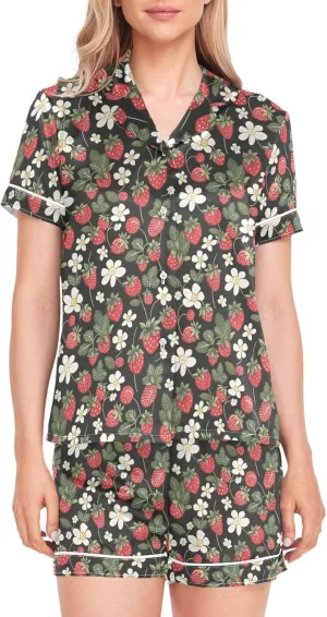 Womens Pajama Set Strawberry Florals Fruits Short Sleeve Sleepwear Soft Satin Pjs Lounge Sets with Pockets S-XXL