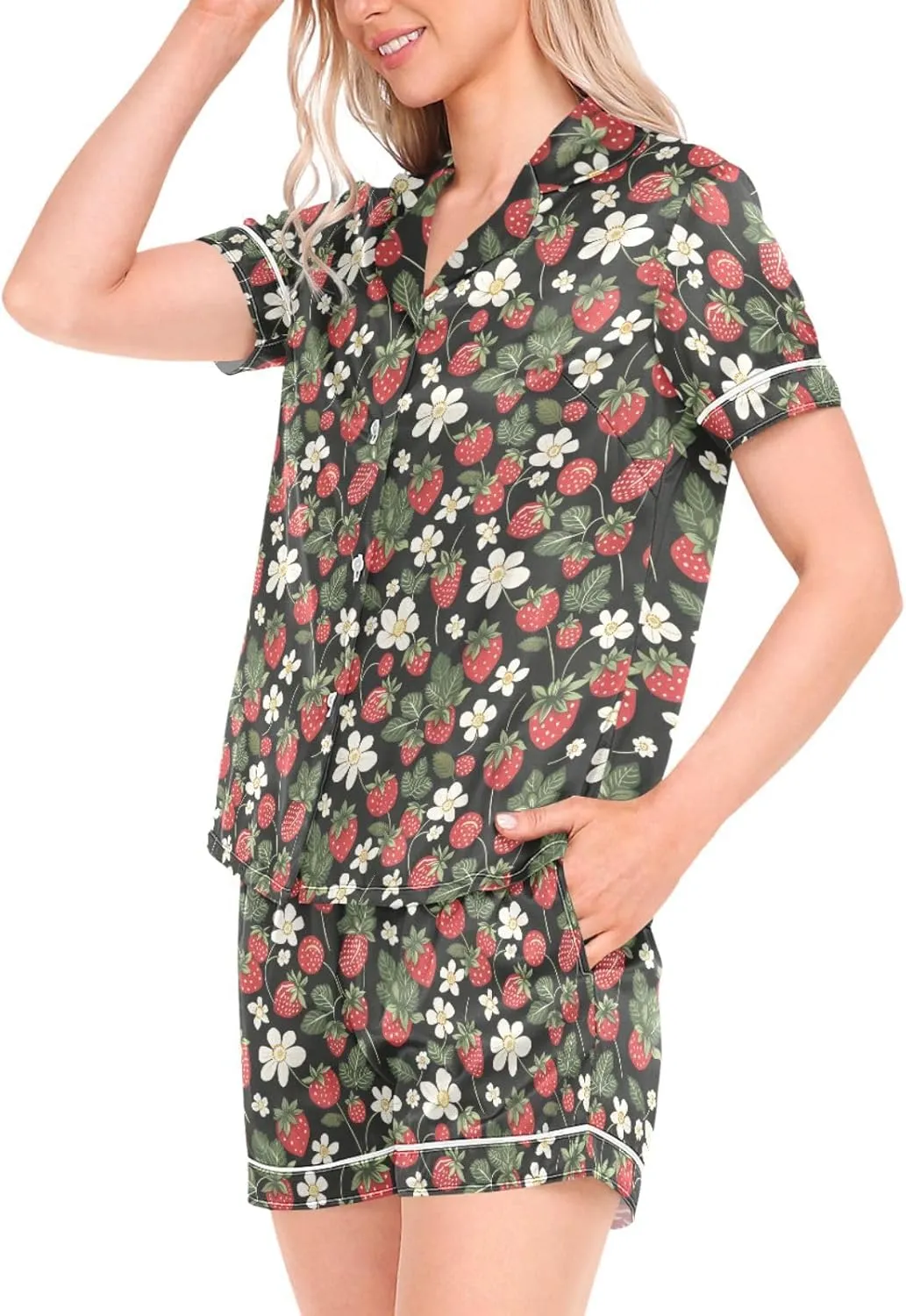 Womens Pajama Set Strawberry Florals Fruits Short Sleeve Sleepwear Soft Satin Pjs Lounge Sets with Pockets S-XXL