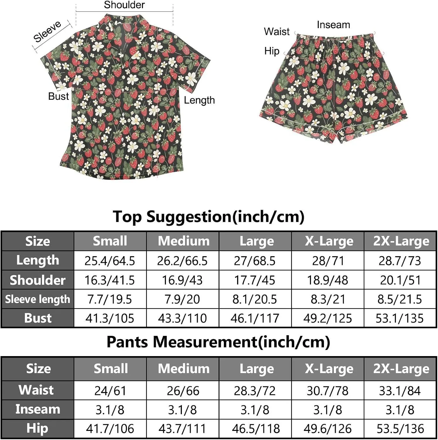 Womens Pajama Set Strawberry Florals Fruits Short Sleeve Sleepwear Soft Satin Pjs Lounge Sets with Pockets S-XXL