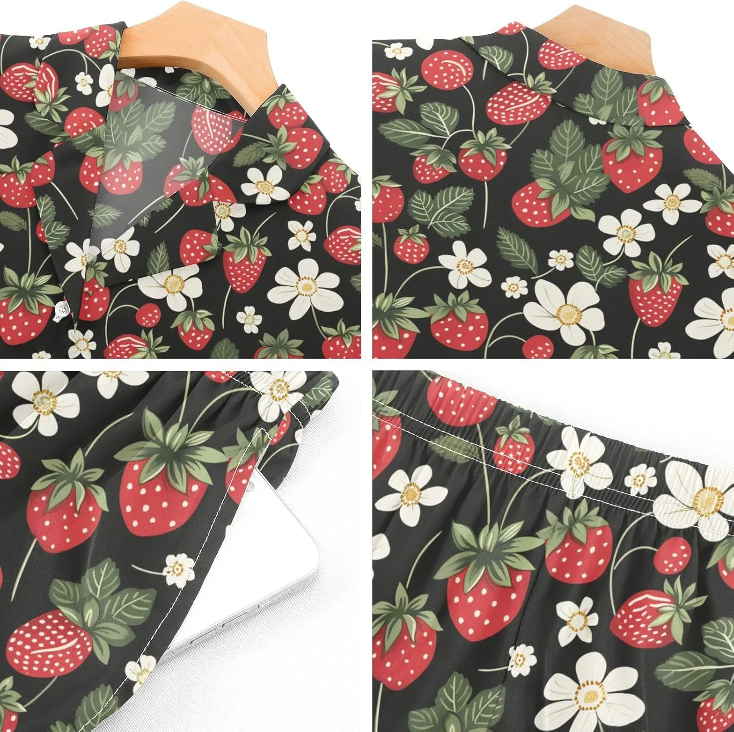 Womens Pajama Set Strawberry Florals Fruits Short Sleeve Sleepwear Soft Satin Pjs Lounge Sets with Pockets S-XXL