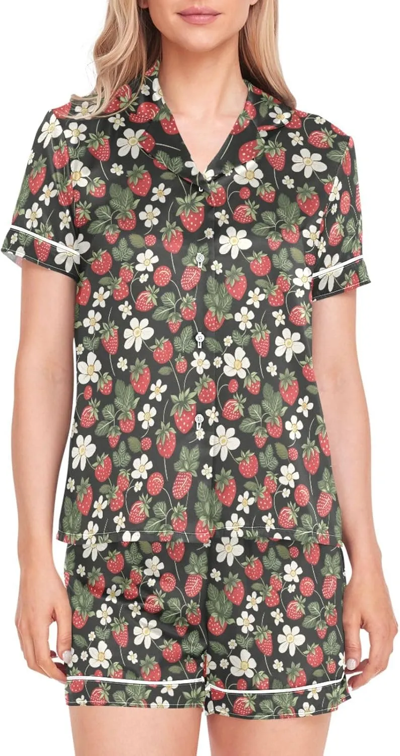 Womens Pajama Set Strawberry Florals Fruits Short Sleeve Sleepwear Soft Satin Pjs Lounge Sets with Pockets S-XXL