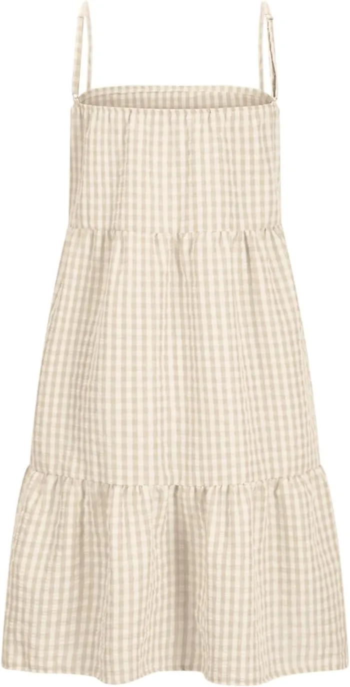 Womens Plaid A-Line Tank Dresses Spaghetti Straps Tiered Ruffle Hem Swing Flowy Casual Mini Dress with Side Pockets