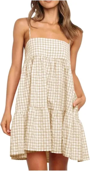 Womens Plaid A-Line Tank Dresses Spaghetti Straps Tiered Ruffle Hem Swing Flowy Casual Mini Dress with Side Pockets