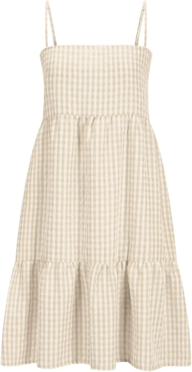 Womens Plaid A-Line Tank Dresses Spaghetti Straps Tiered Ruffle Hem Swing Flowy Casual Mini Dress with Side Pockets