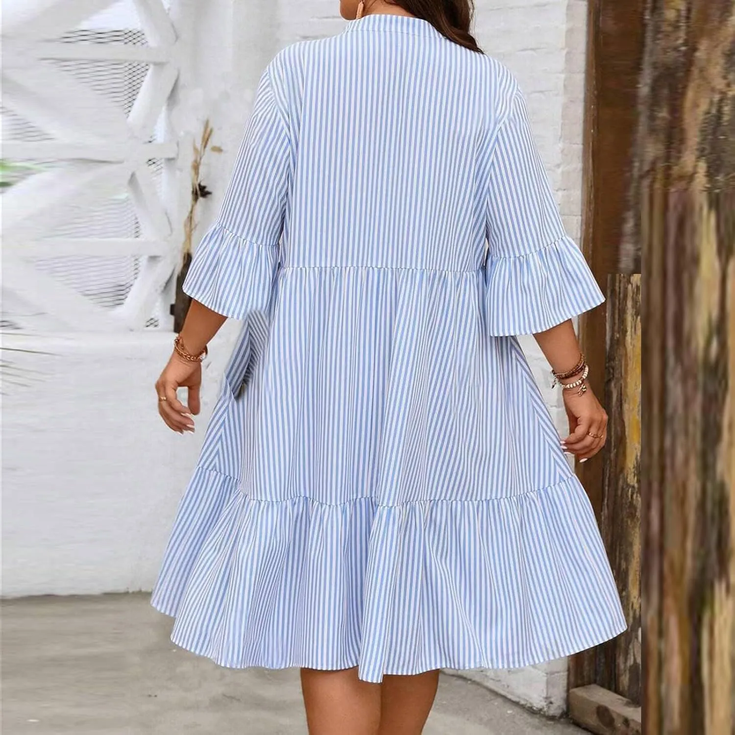 Women's Plus Size Dresses for Curvy Summer Striped Loose Short Sleeve V Neck Layered Ruffle Hem Midi Dress