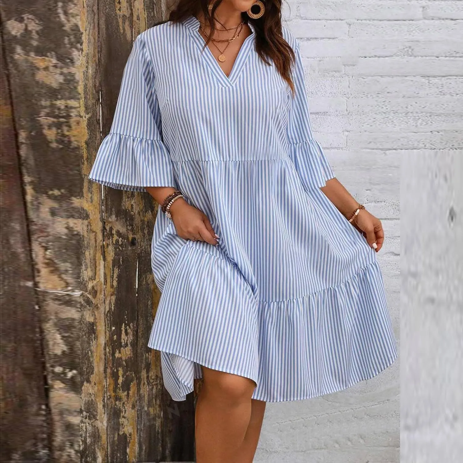 Women's Plus Size Dresses for Curvy Summer Striped Loose Short Sleeve V Neck Layered Ruffle Hem Midi Dress