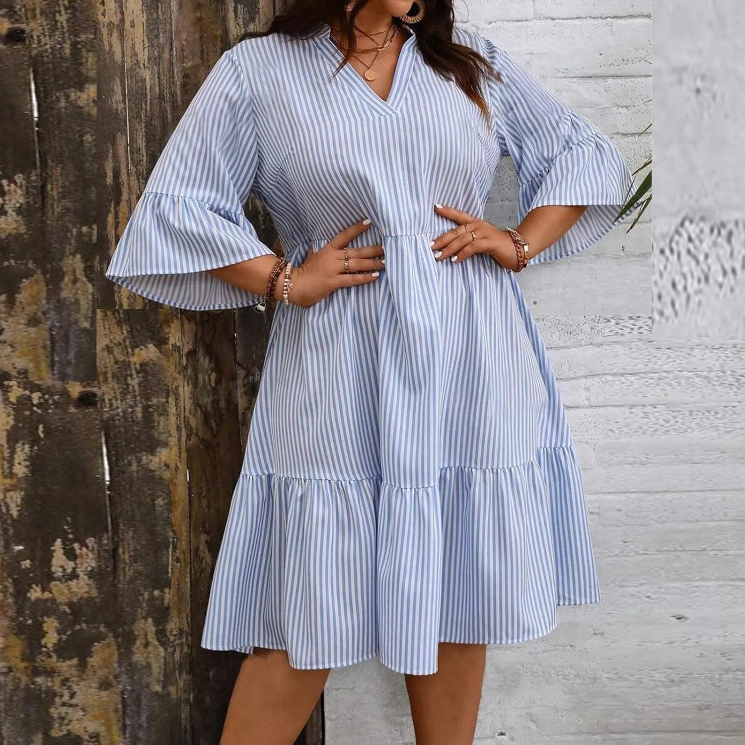 Women's Plus Size Dresses for Curvy Summer Striped Loose Short Sleeve V Neck Layered Ruffle Hem Midi Dress