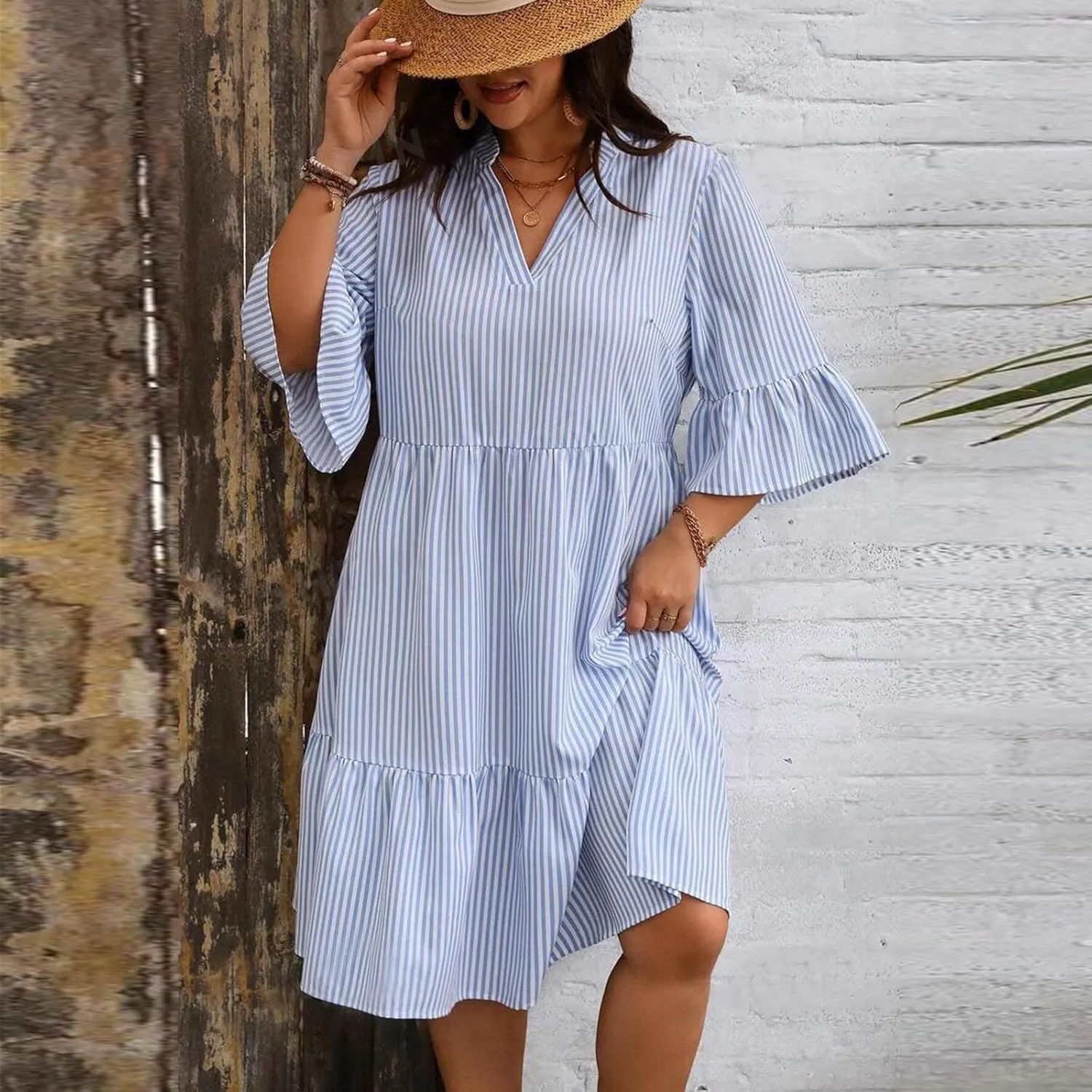 Women's Plus Size Dresses for Curvy Summer Striped Loose Short Sleeve V Neck Layered Ruffle Hem Midi Dress
