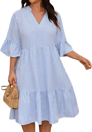 Women's Plus Size Dresses for Curvy Summer Striped Loose Short Sleeve V Neck Layered Ruffle Hem Midi Dress