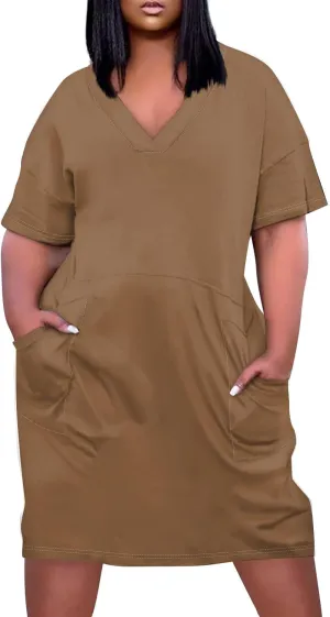 Women's Plus Size Dresses for Curvy Summer V Neck Short Sleeve Solid Midi Oversized T Shirt Dresses, L-5XL
