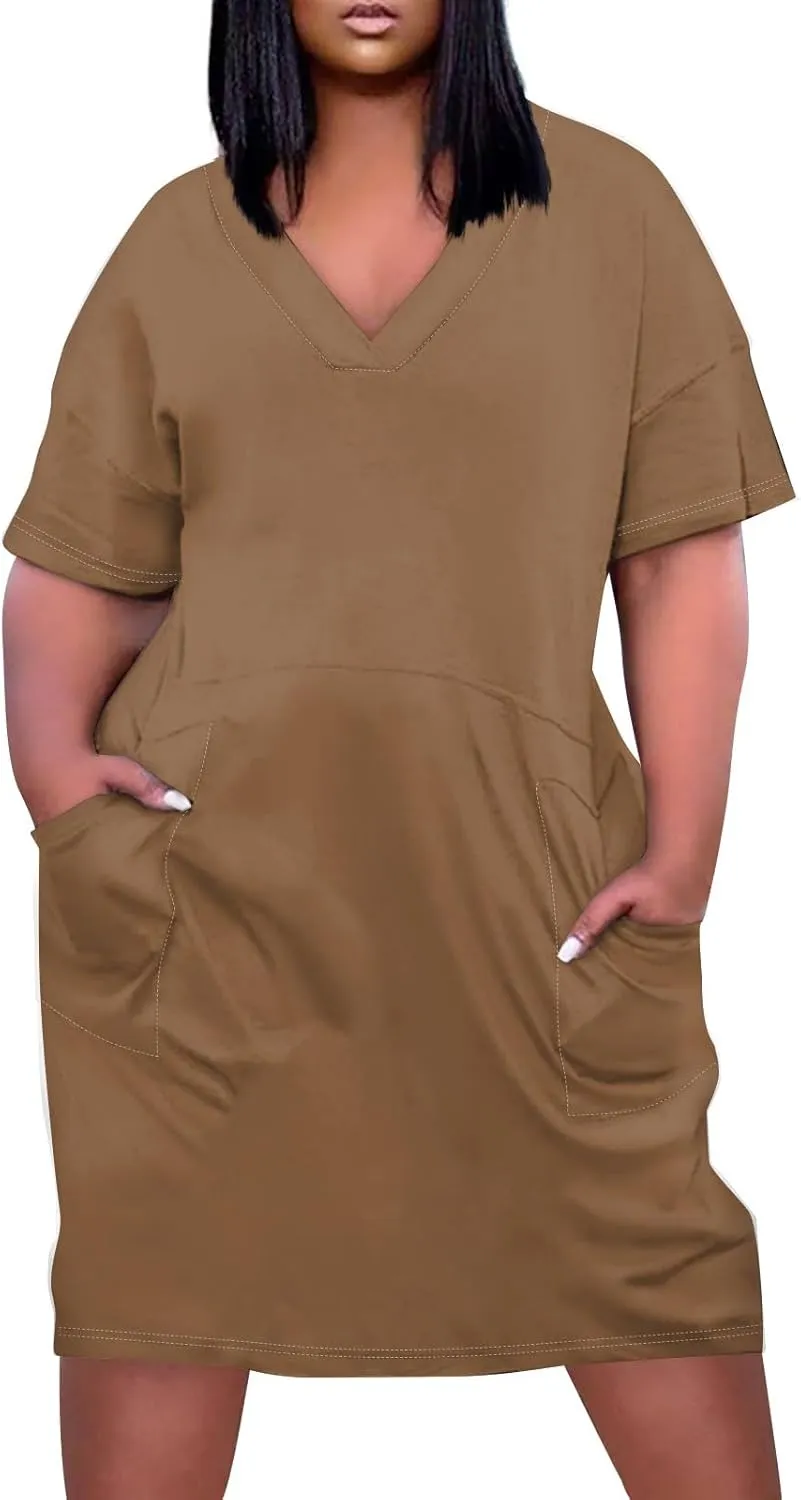 Women's Plus Size Dresses for Curvy Summer V Neck Short Sleeve Solid Midi Oversized T Shirt Dresses, L-5XL