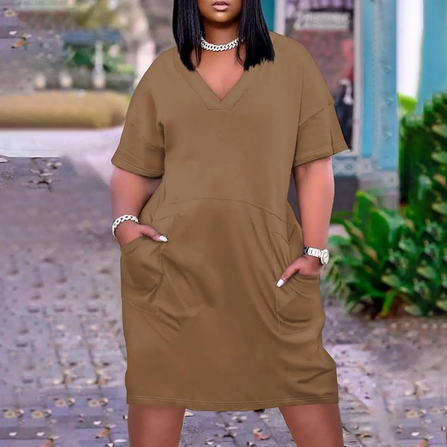Women's Plus Size Dresses for Curvy Summer V Neck Short Sleeve Solid Midi Oversized T Shirt Dresses, L-5XL