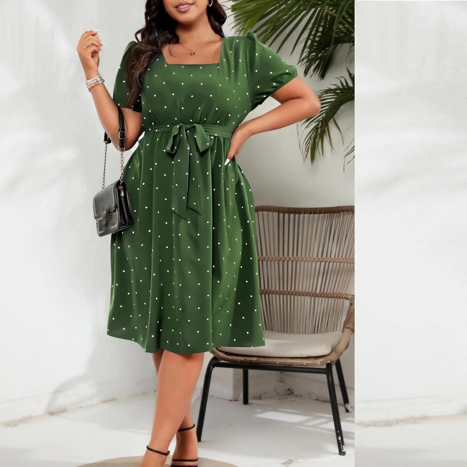 Womens Plus Size Short Puff Sleeve Dress Square Neck Belted Midi Dress High Waist Polka Dot Print Knee Length Dress
