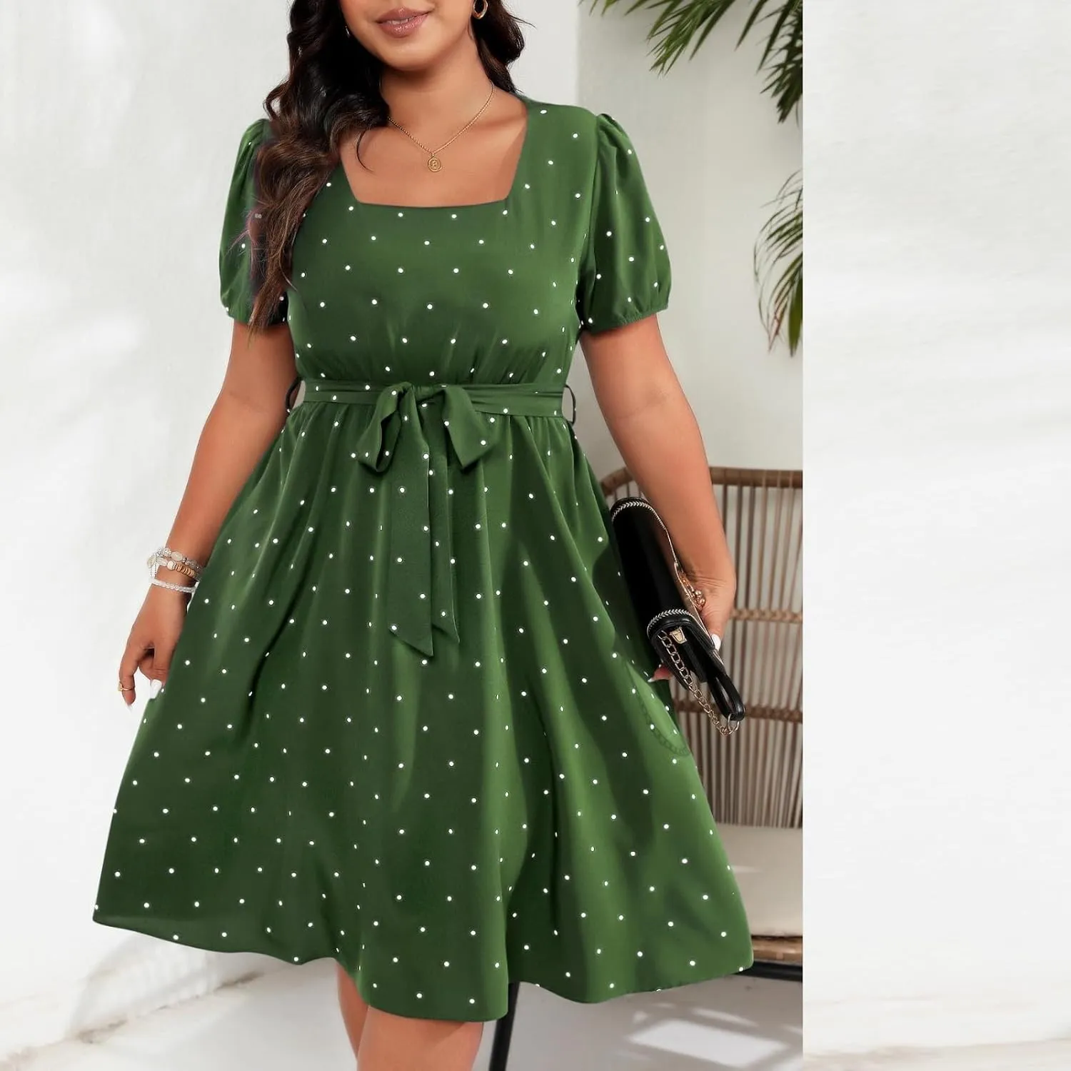 Womens Plus Size Short Puff Sleeve Dress Square Neck Belted Midi Dress High Waist Polka Dot Print Knee Length Dress