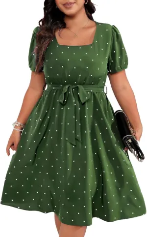 Womens Plus Size Short Puff Sleeve Dress Square Neck Belted Midi Dress High Waist Polka Dot Print Knee Length Dress