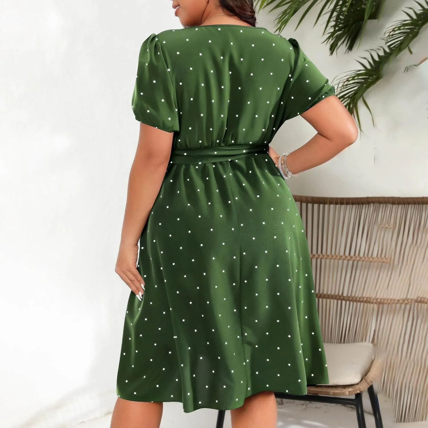 Womens Plus Size Short Puff Sleeve Dress Square Neck Belted Midi Dress High Waist Polka Dot Print Knee Length Dress