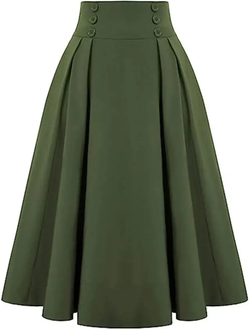 Women's Retro Dress Casual A-Line Skirt with Pocket Elastic High Waist Long Pleated Skirt