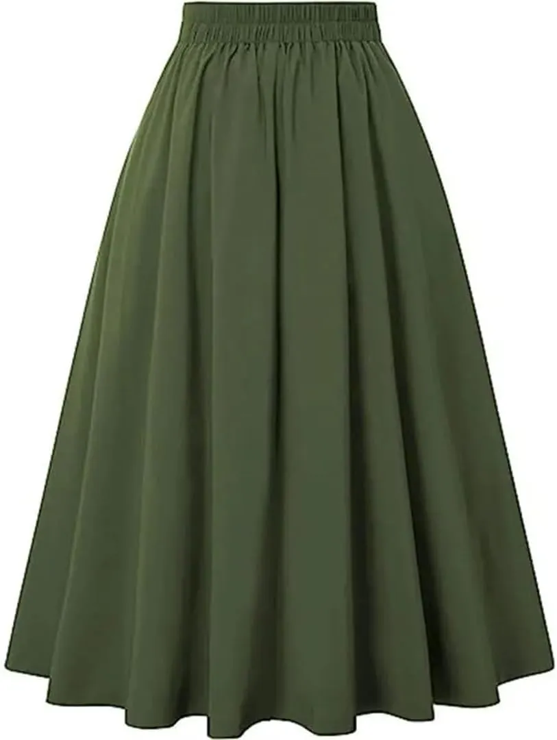 Women's Retro Dress Casual A-Line Skirt with Pocket Elastic High Waist Long Pleated Skirt