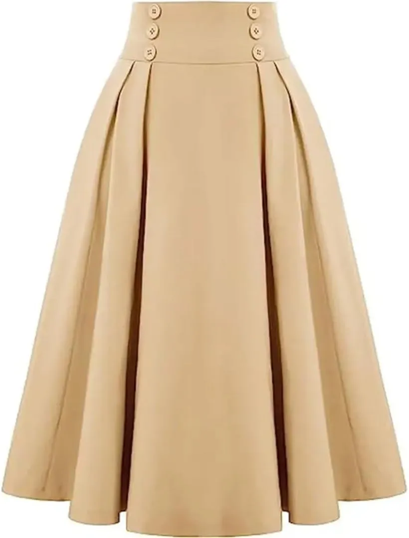 Women's Retro Dress Casual A-Line Skirt with Pocket Elastic High Waist Long Pleated Skirt