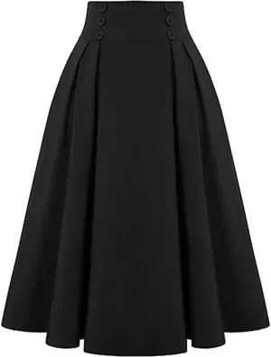 Women's Retro Dress Casual A-Line Skirt with Pocket Elastic High Waist Long Pleated Skirt