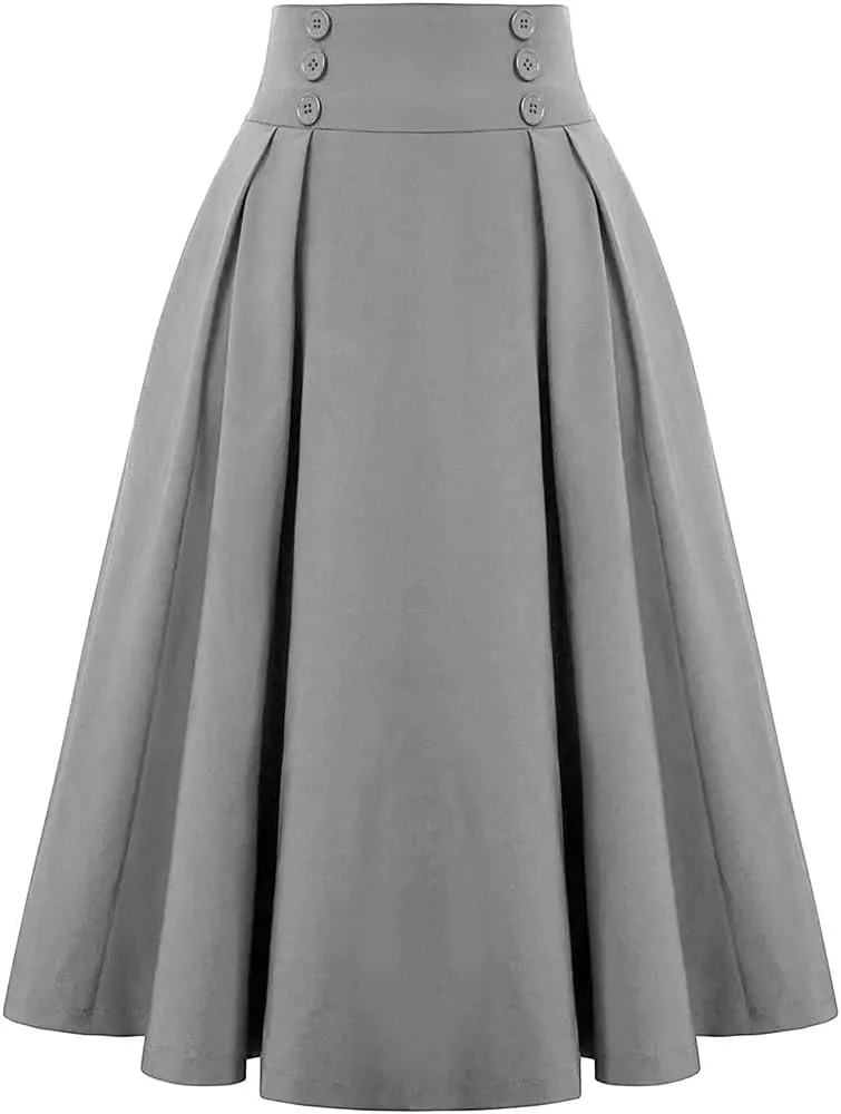 Women's Retro Dress Casual A-Line Skirt with Pocket Elastic High Waist Long Pleated Skirt