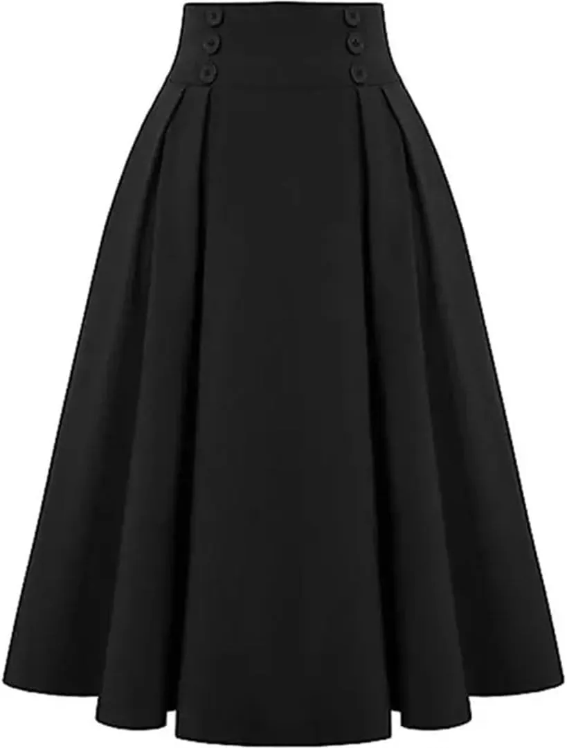 Women's Retro Dress Casual A-Line Skirt with Pocket Elastic High Waist Long Pleated Skirt
