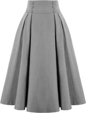 Women's Retro Dress Casual A-Line Skirt with Pocket Elastic High Waist Long Pleated Skirt