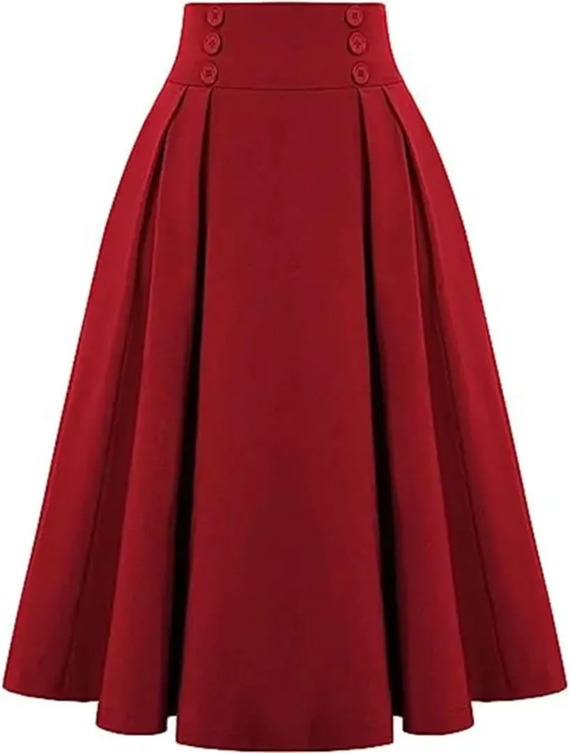 Women's Retro Dress Casual A-Line Skirt with Pocket Elastic High Waist Long Pleated Skirt