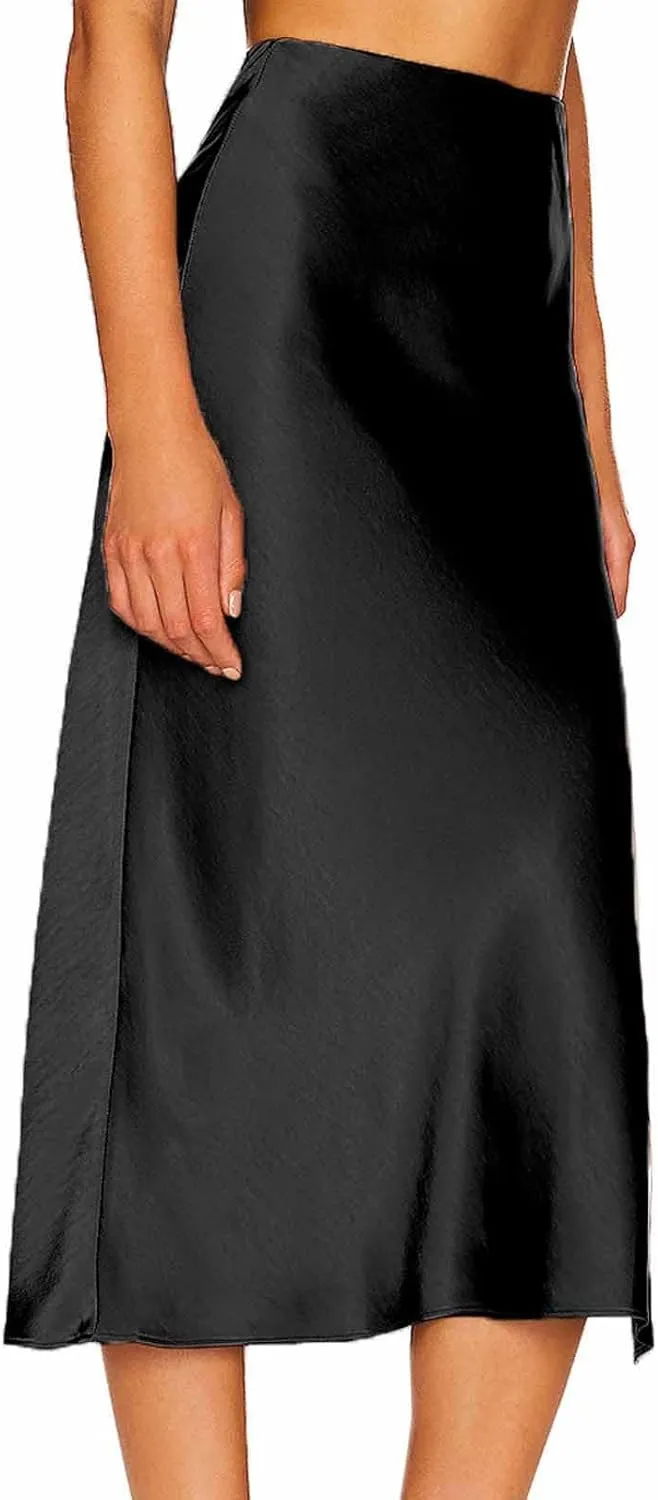 Womens Satin Silk High Waist Slit Midi Skirt Elastic Waistband Midi Skirts Elegant Work Office Party Half Dress