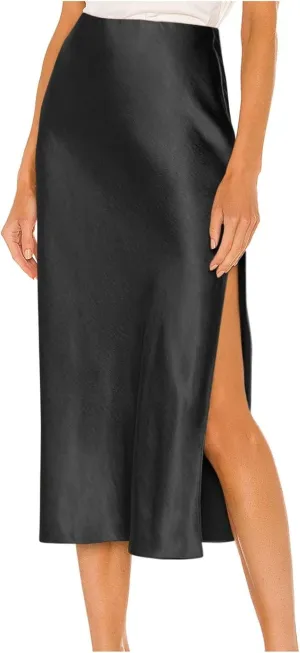 Womens Satin Silk High Waist Slit Midi Skirt Elastic Waistband Midi Skirts Elegant Work Office Party Half Dress