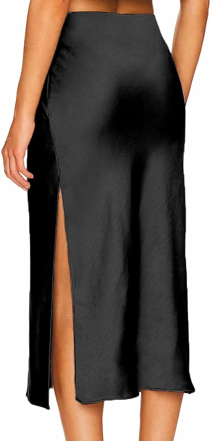 Womens Satin Silk High Waist Slit Midi Skirt Elastic Waistband Midi Skirts Elegant Work Office Party Half Dress