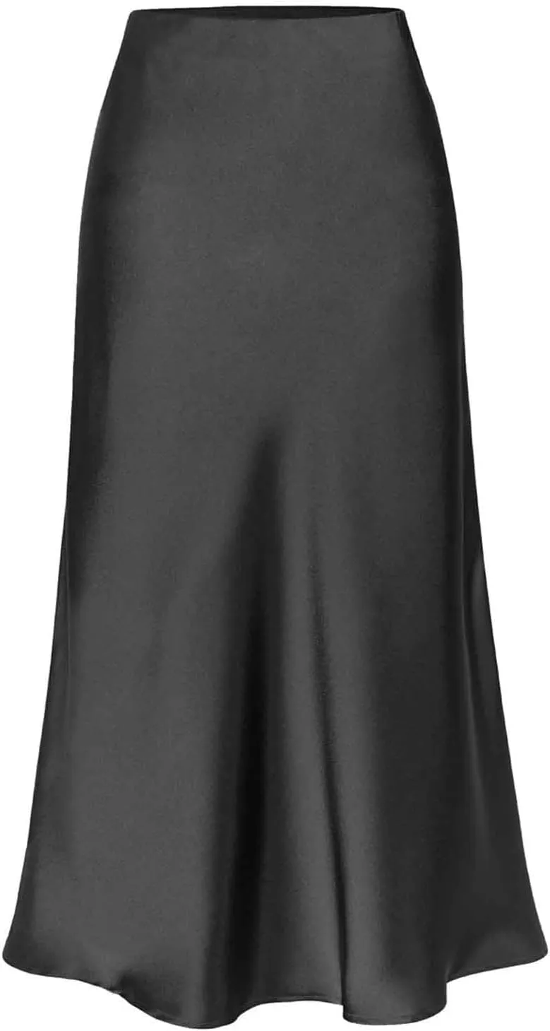 Womens Satin Silk High Waist Slit Midi Skirt Elastic Waistband Midi Skirts Elegant Work Office Party Half Dress