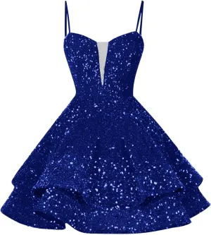 Women's Sequin Velvet Cami Dress Homecoming Tiered Ruffle Mini Dresses Spaghetti Straps Cocktail Party Sparkly Gown