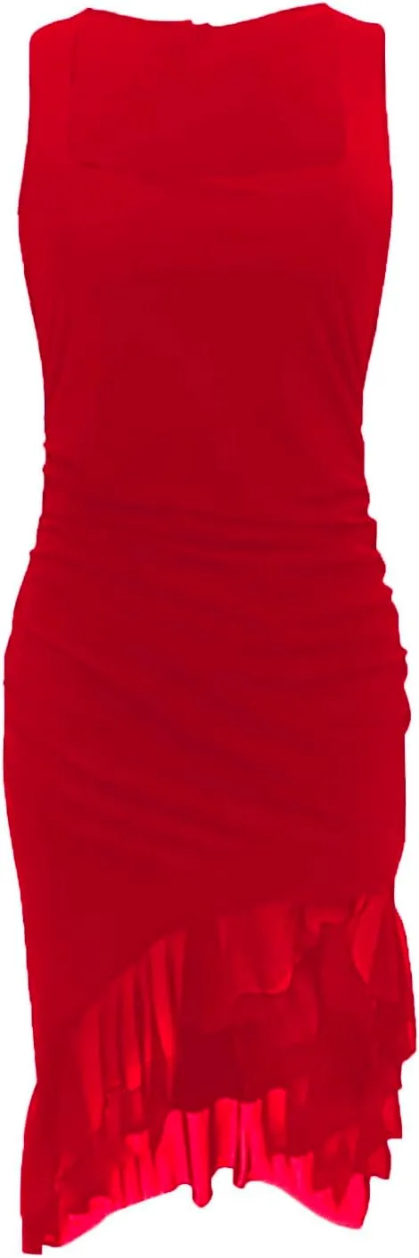 Women's Sexy Ruched Bodycon Midi Dresses Square Neck Sleeveless Side Split Ruffle Hem Cocktail Party Club Dresses