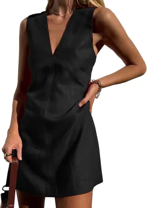 Womens Shirt Dresses Cotton Linen Mini Dress Sleeveless V Neck Tunic Dress Casual Tank Dresses Summer Beach Sundress