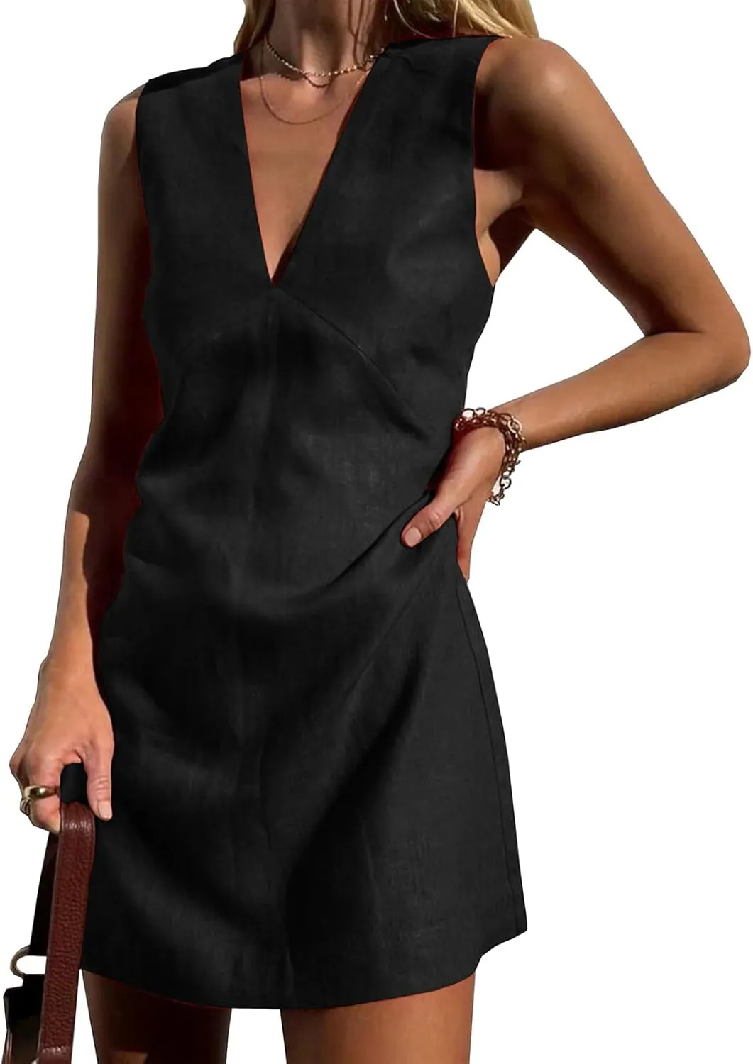 Womens Shirt Dresses Cotton Linen Mini Dress Sleeveless V Neck Tunic Dress Casual Tank Dresses Summer Beach Sundress