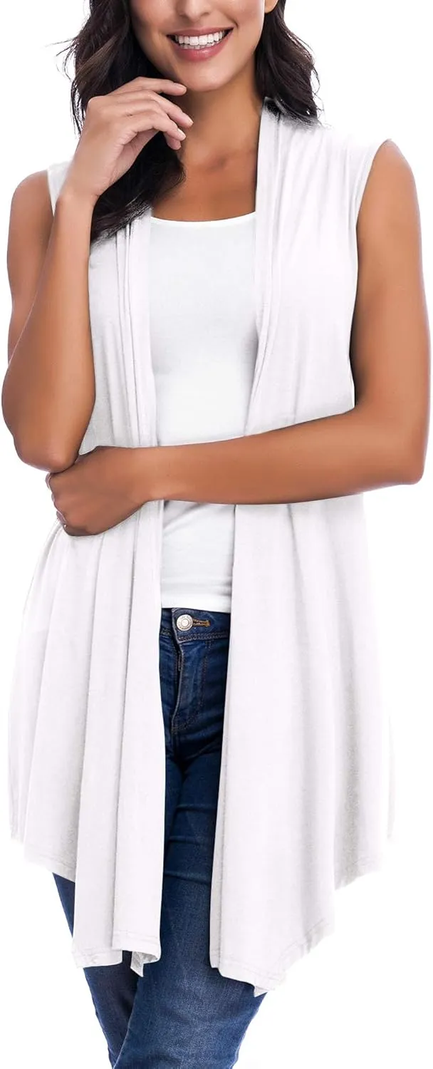 Womens Sleeveless Open Front Draped Asymmetric Hem Cardigan Vest