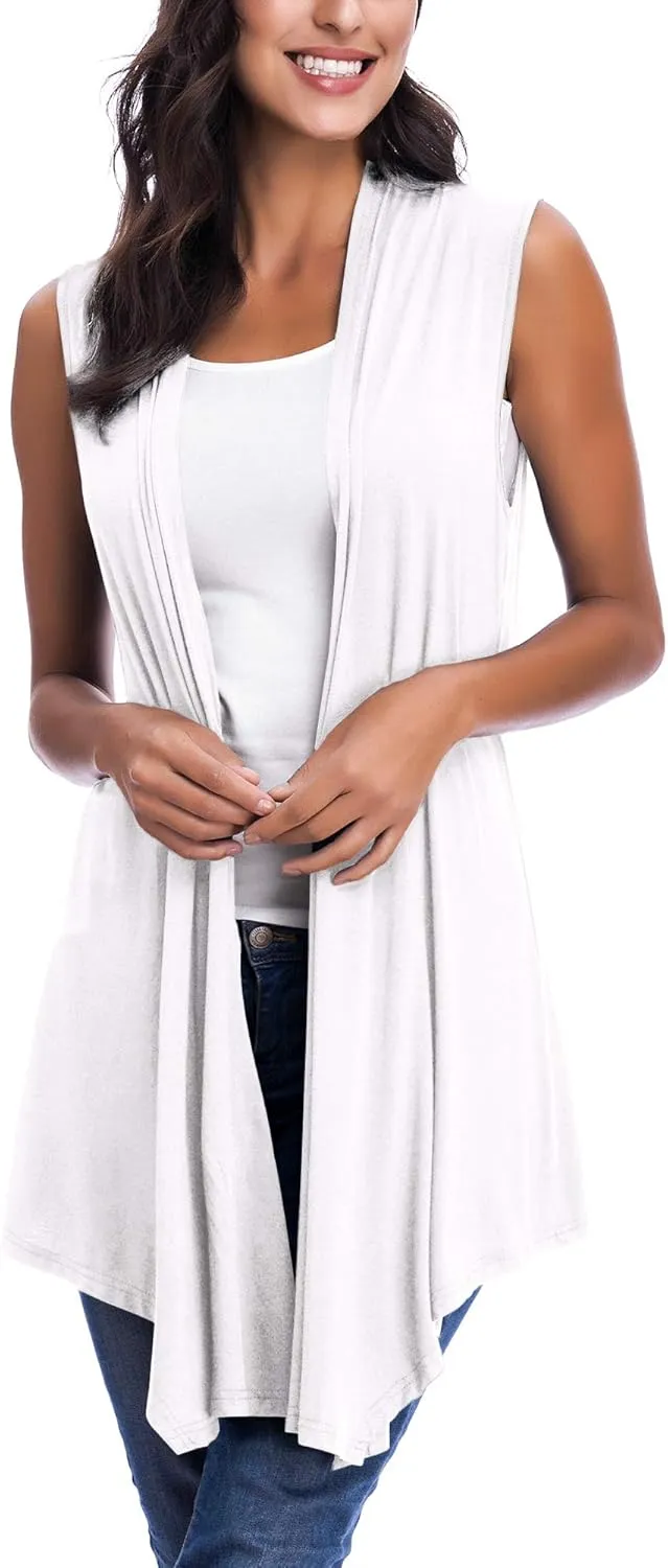 Womens Sleeveless Open Front Draped Asymmetric Hem Cardigan Vest